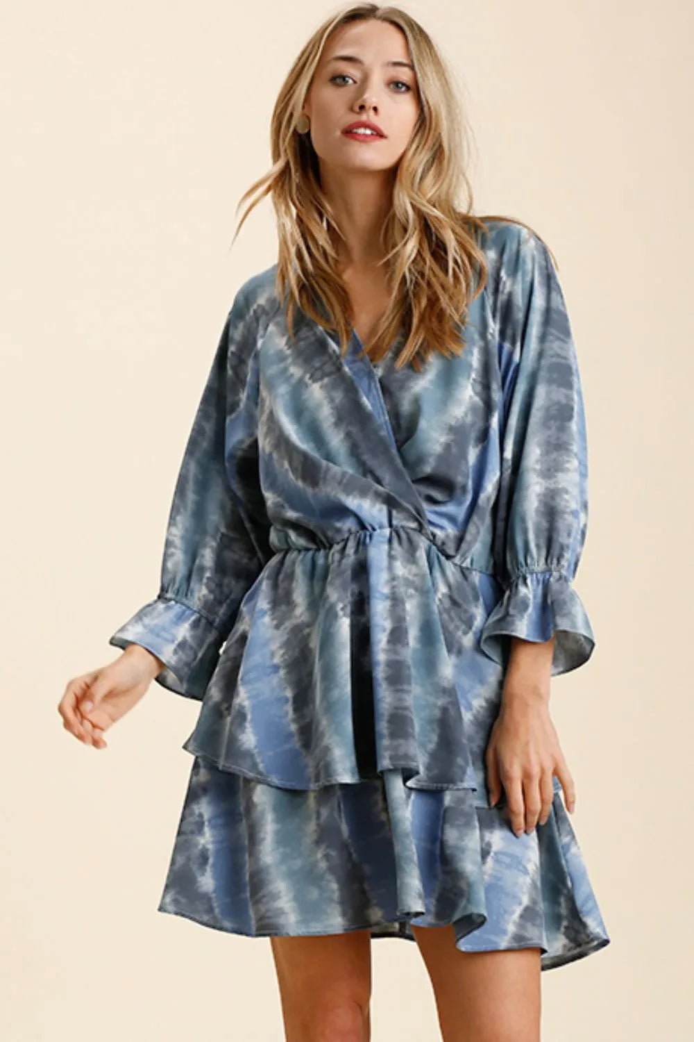 Blue and grey tie dye ruffled layered wrap dress with elastic waistband – NEWYORKLISTED STYLE COLLECTION