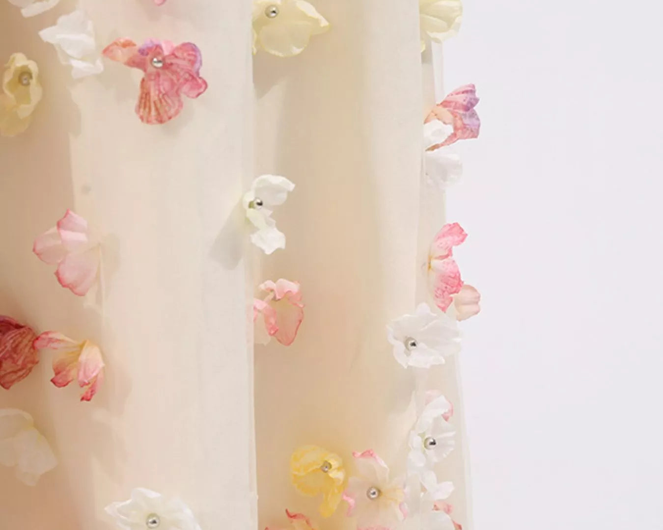 NEWYORKLISTED STYLE COLLECTION: Floral-patterned fabric with pink, yellow, and white flowers on a light background