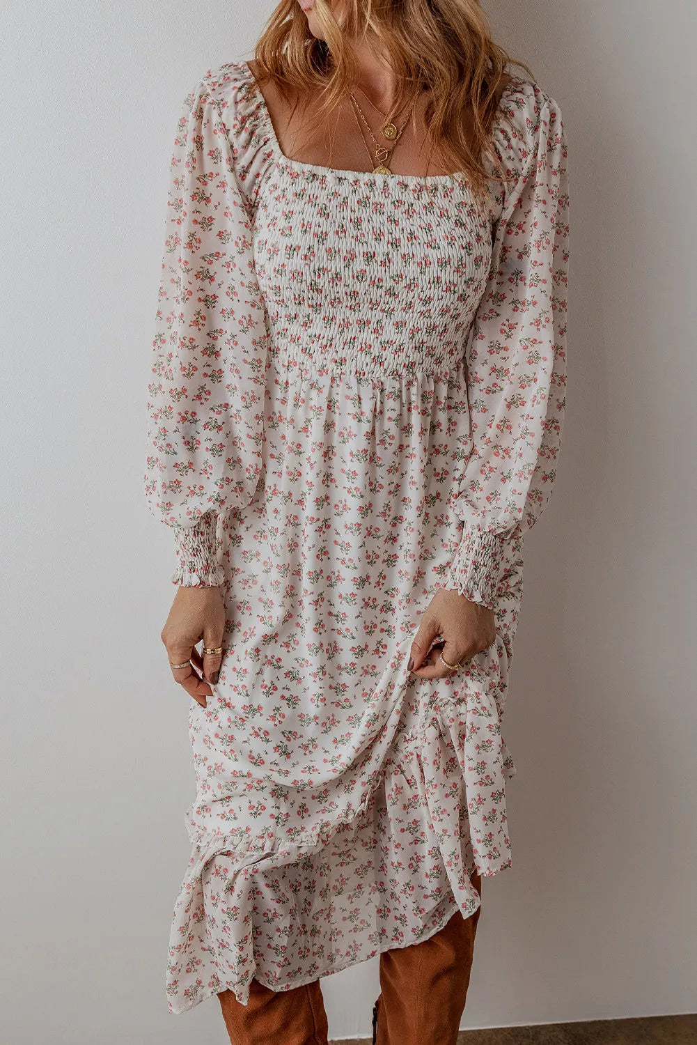 NEWYORKLISTED STYLE COLLECTION: Smocked Floral Long Sleeve Midi Dress - NEWYORKLISTED