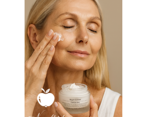 NEWYORKLISTED Cosmetic Collection: Woman applying night renewal cream to her face with a jar of NEWYORKLISTED 'Nuit Crème' in the foreground.