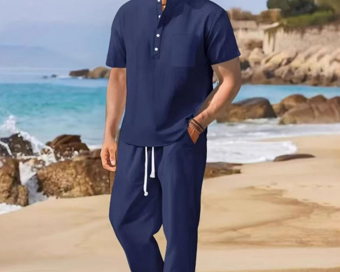 NEWYORKLISTED ATLAS MEN"S COLLECTION Half Button Top and Drawstring Pants Set - Navy