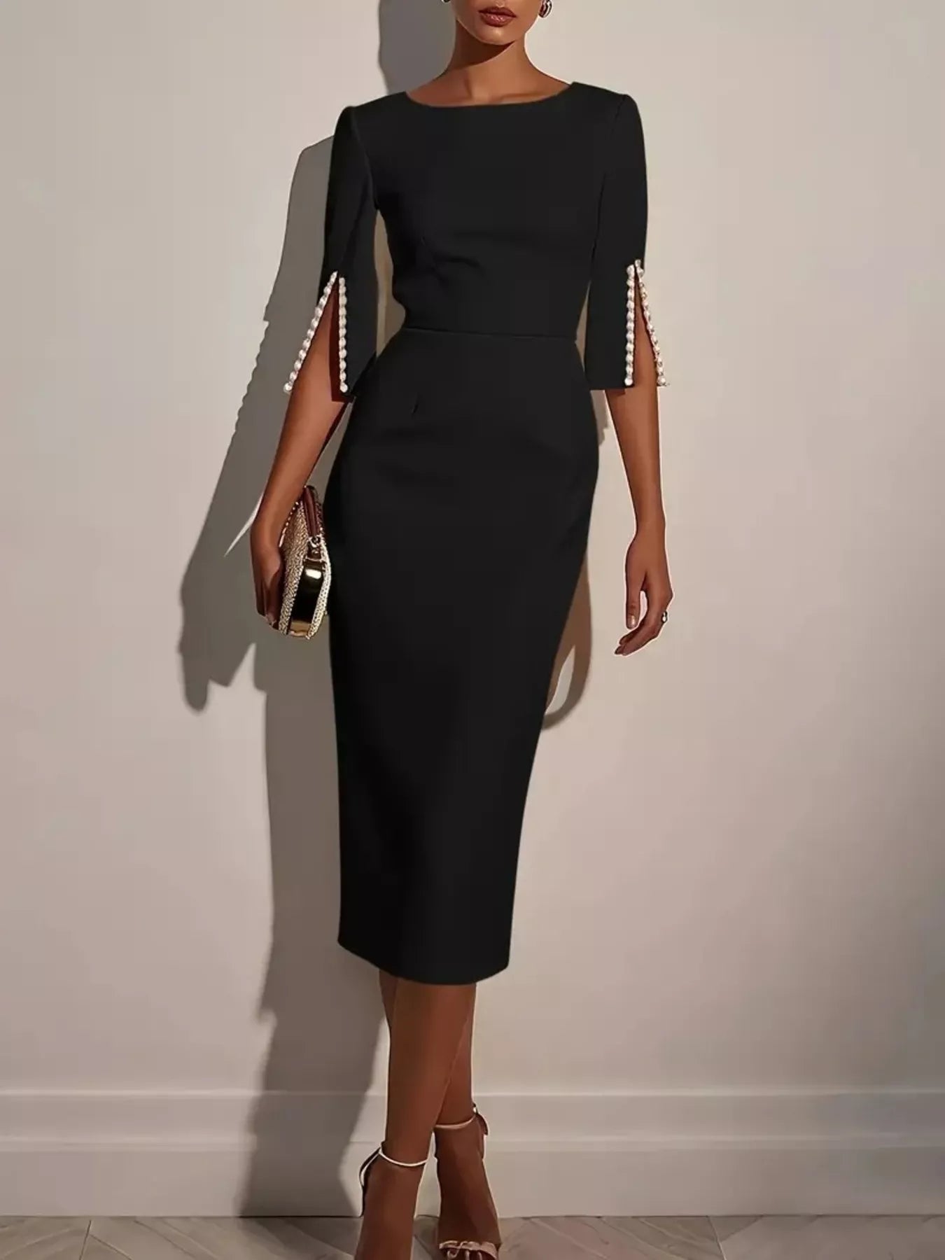 NEWYORKLISTED STYLE COLLECTION: Black dress with pearl embellishments on sleeves against a plain background