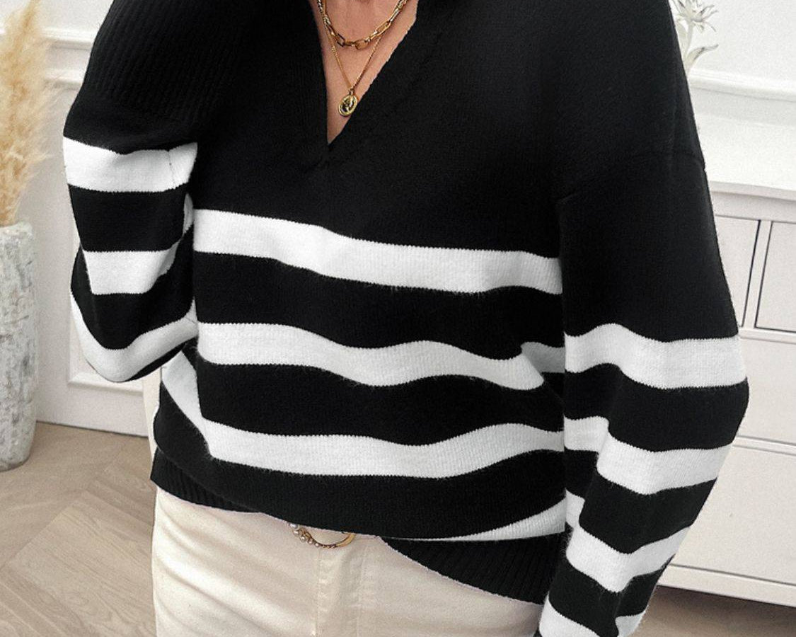 NYLD Striped Collared Neck Long Sleeve Sweater - NEWYORKLISTED