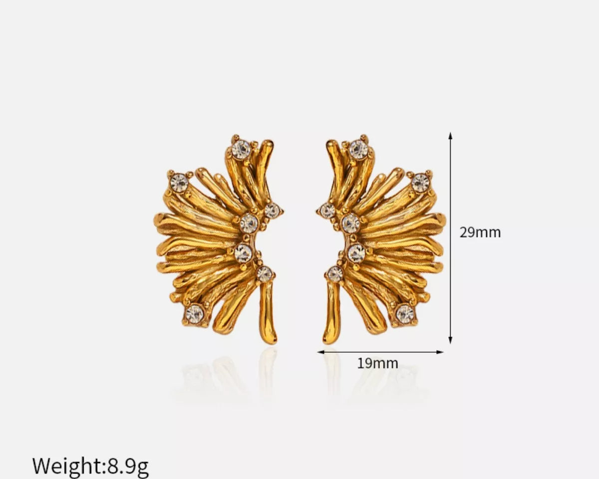 NYLD Glamour Collection by NEWYORKLISTED: Gold earrings with fan-like design and embedded stones, shown with measurements and material details on a white background.