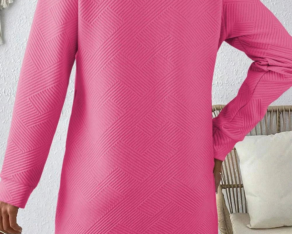 Textured Round Neck Long Sleeve Mini Dress - NEWYORKLISTED