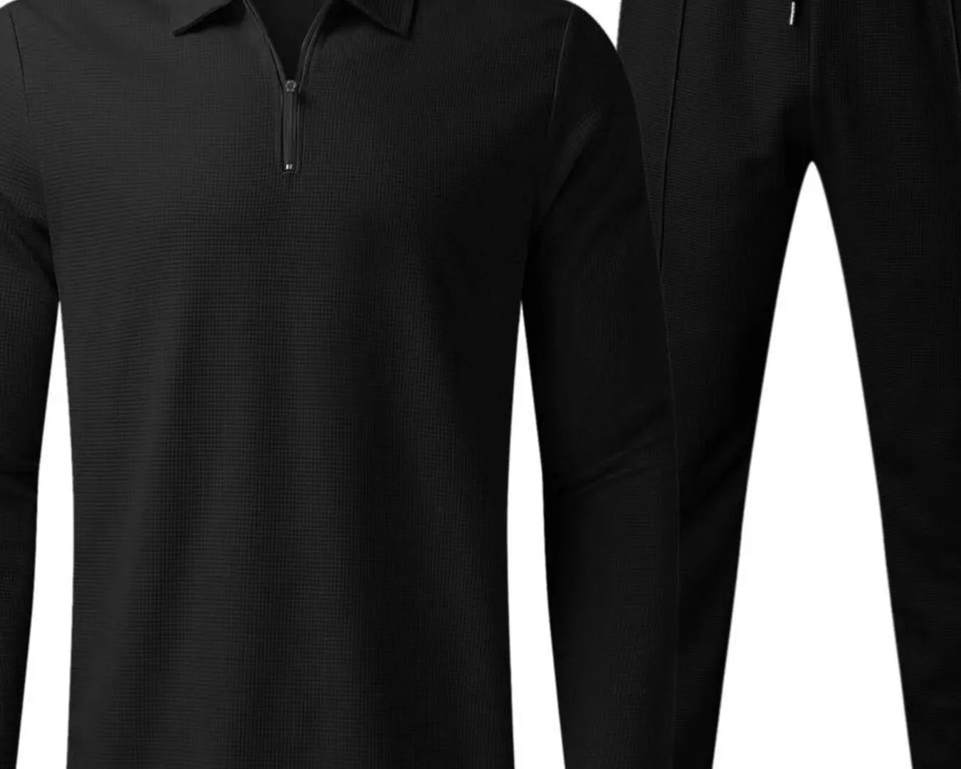 NEWYORKLISTED ATLAS MEN'S COLLECTION: Black long-sleeve shirt and black pants on a white background