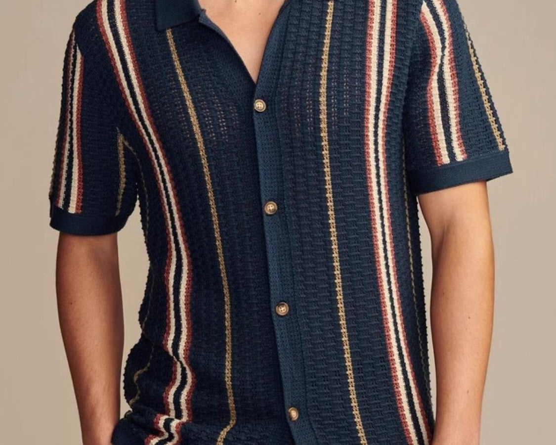 NEWYORKLISTED ATLAS MEN’S COLLECTION: Men’s Plus Size Striped Collared Neck Short Sleeve Shirt in Navy
