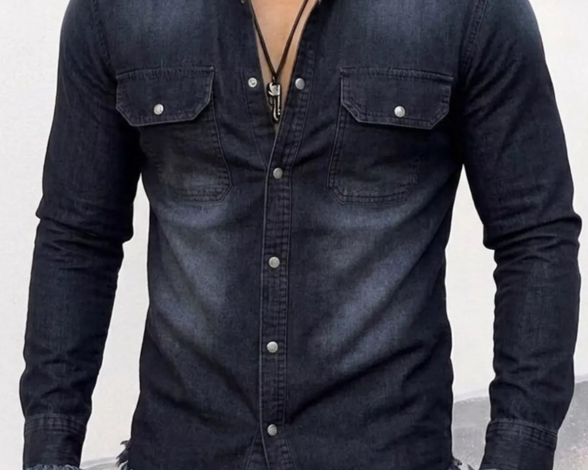 NEWYORKLISTED ATLAS MEN'S COLLECTION – Men's frayed-hem denim-look button-down shirt, product image 3