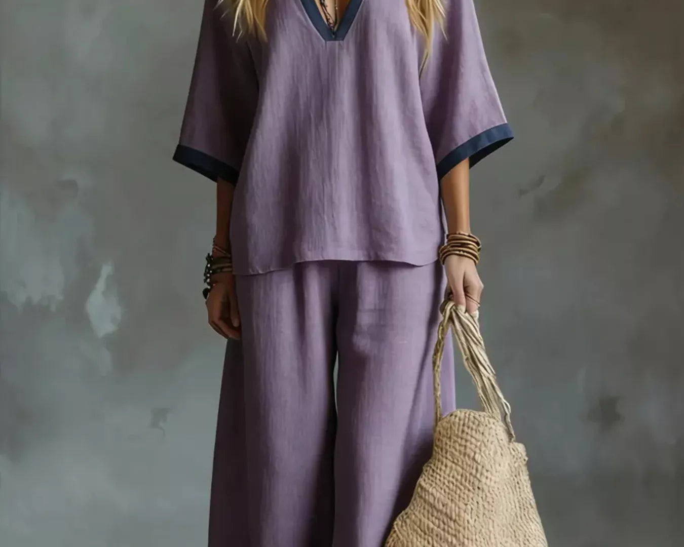 NEWYORKLISTED STYLE COLLECTION: Woman wearing a purple outfit holding a straw bag against a textured gray background