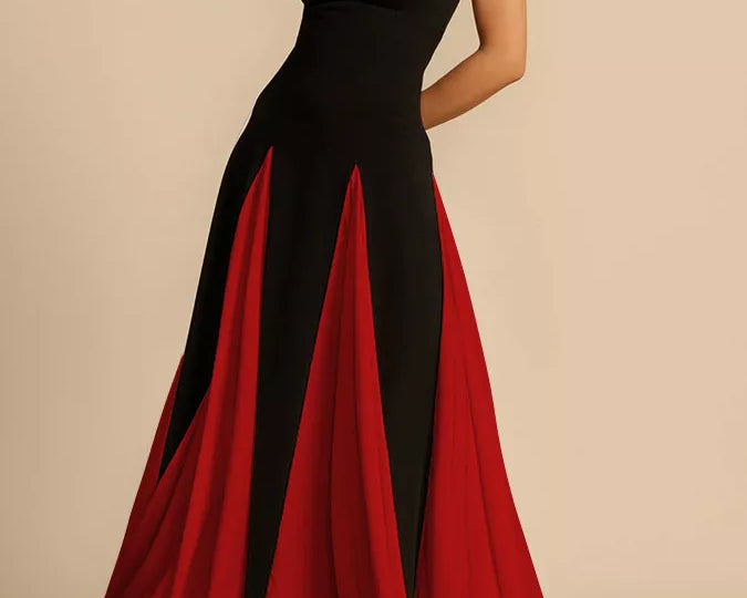 NEWYORKLISTED STYLE COLLECTION: Black and red evening gown on a beige background