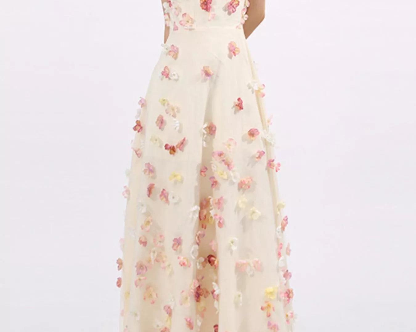 NEWYORKLISTED STYLE COLLECTION: Woman wearing a strapless floral dress on a white background