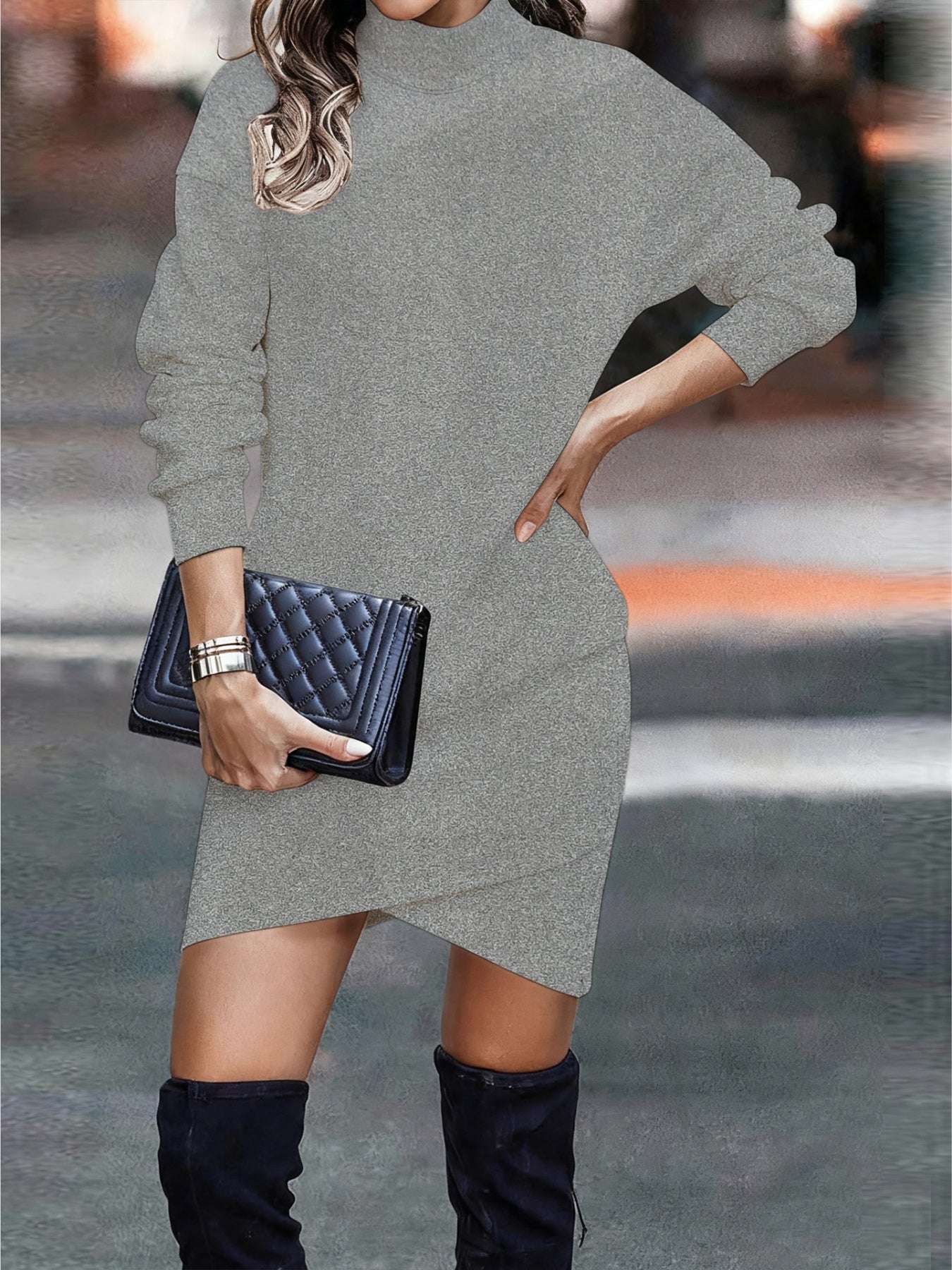 NEWYORKLISTED Style Collection: Person wearing a gray dress holding a black clutch with a blurred background
