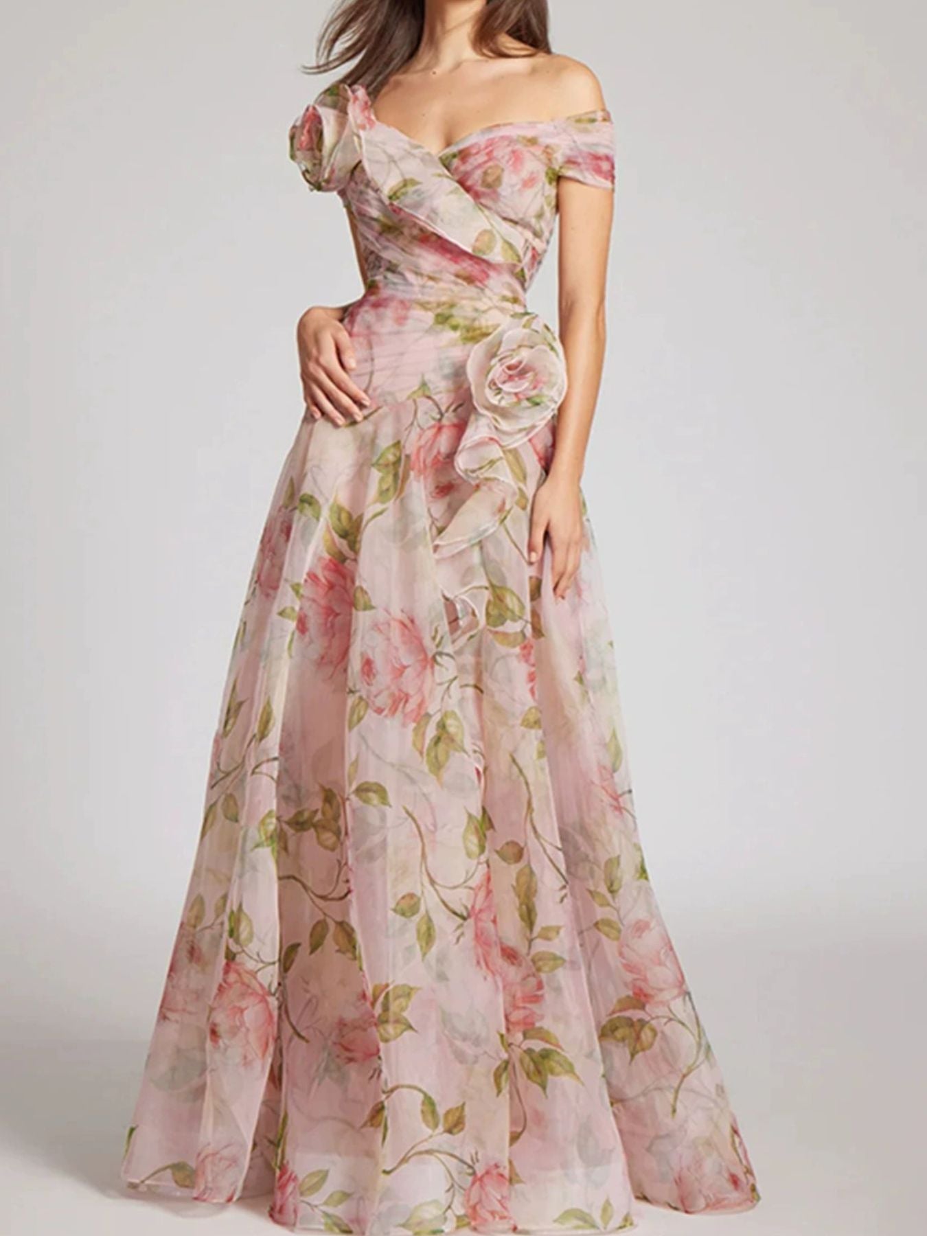 NEWYORKLISTED STYLE COLLECTION: Floral off-shoulder dress on a plain background