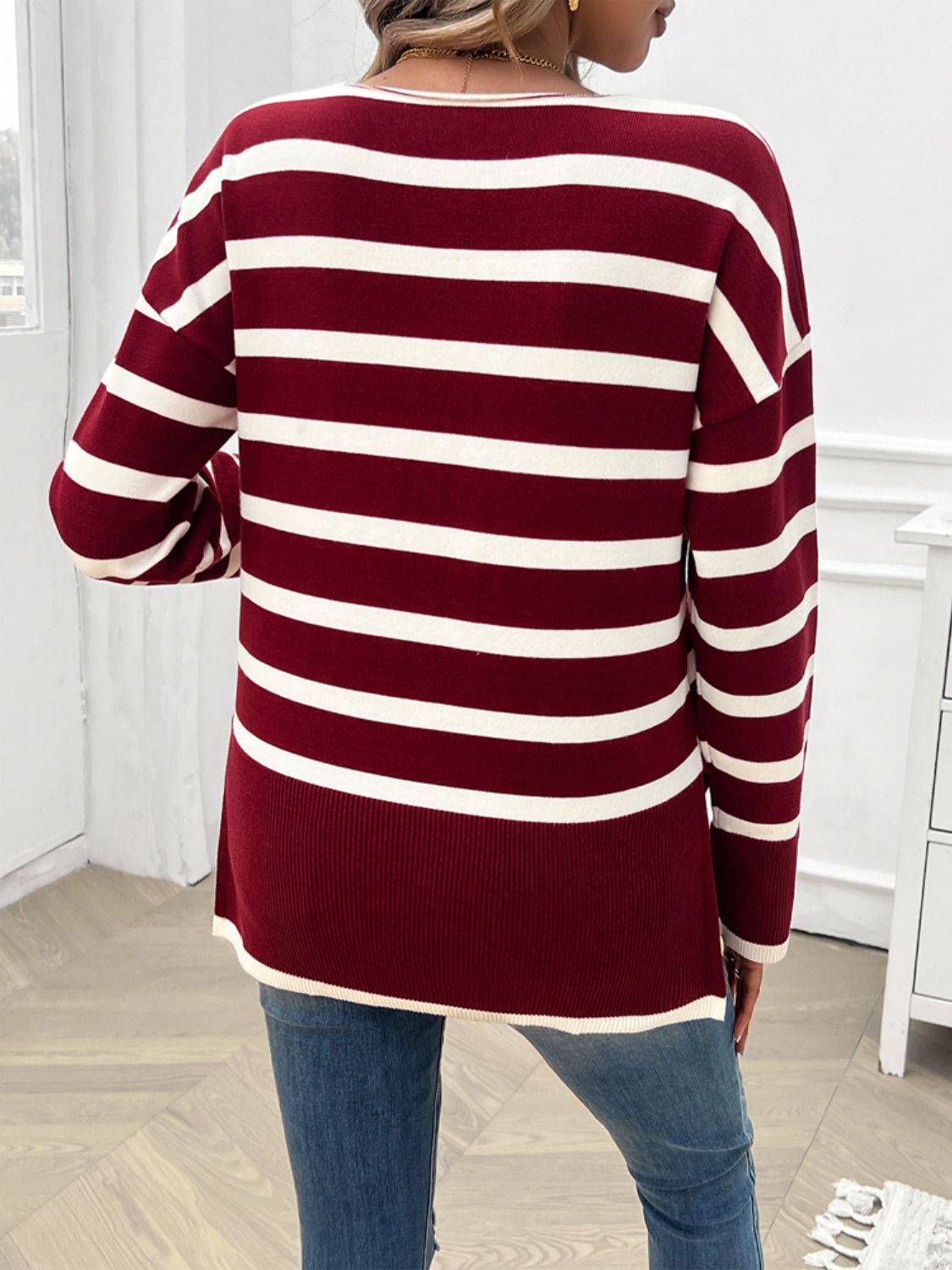 NYLD Striped V-Neck Long Sleeve Knit Top - NEWYORKLISTED
