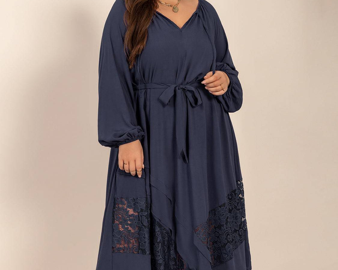 Plus Size Lace Detail Tie Neck Long Sleeve Midi Dress - NEWYORKLISTED