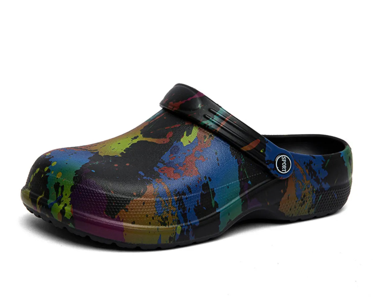 NEWYORKLISTED STYLE COLLECTION: Multicolored splatter-patterned clog shoe on a white background