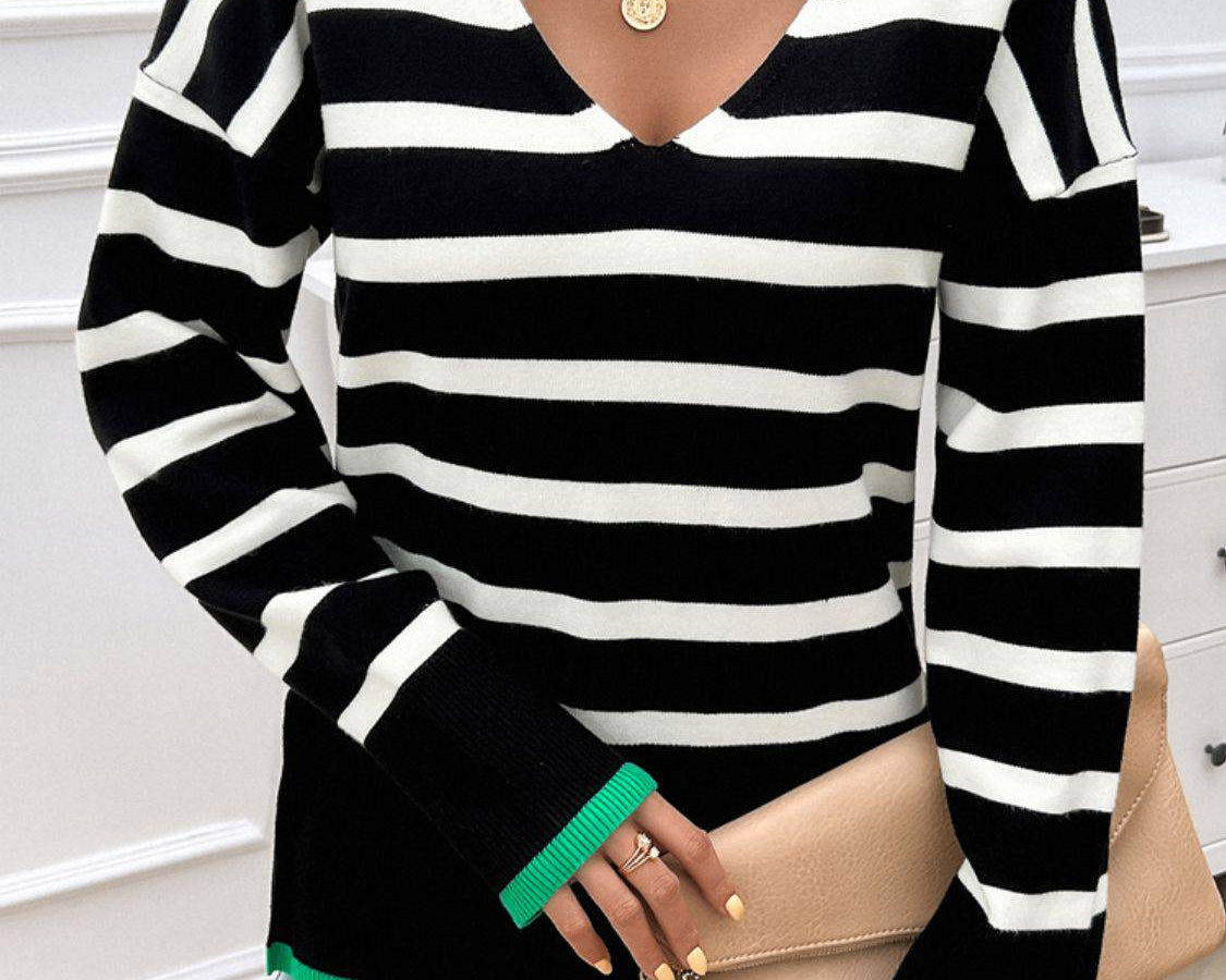 NYLD Striped V-Neck Long Sleeve Knit Top - NEWYORKLISTED