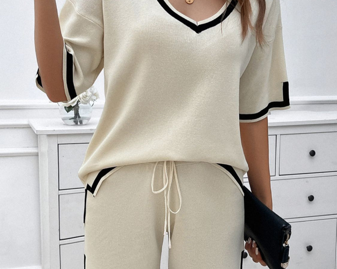 NYLD: Contrast Trim V-Neck Top and Shorts Set - NEWYORKLISTED