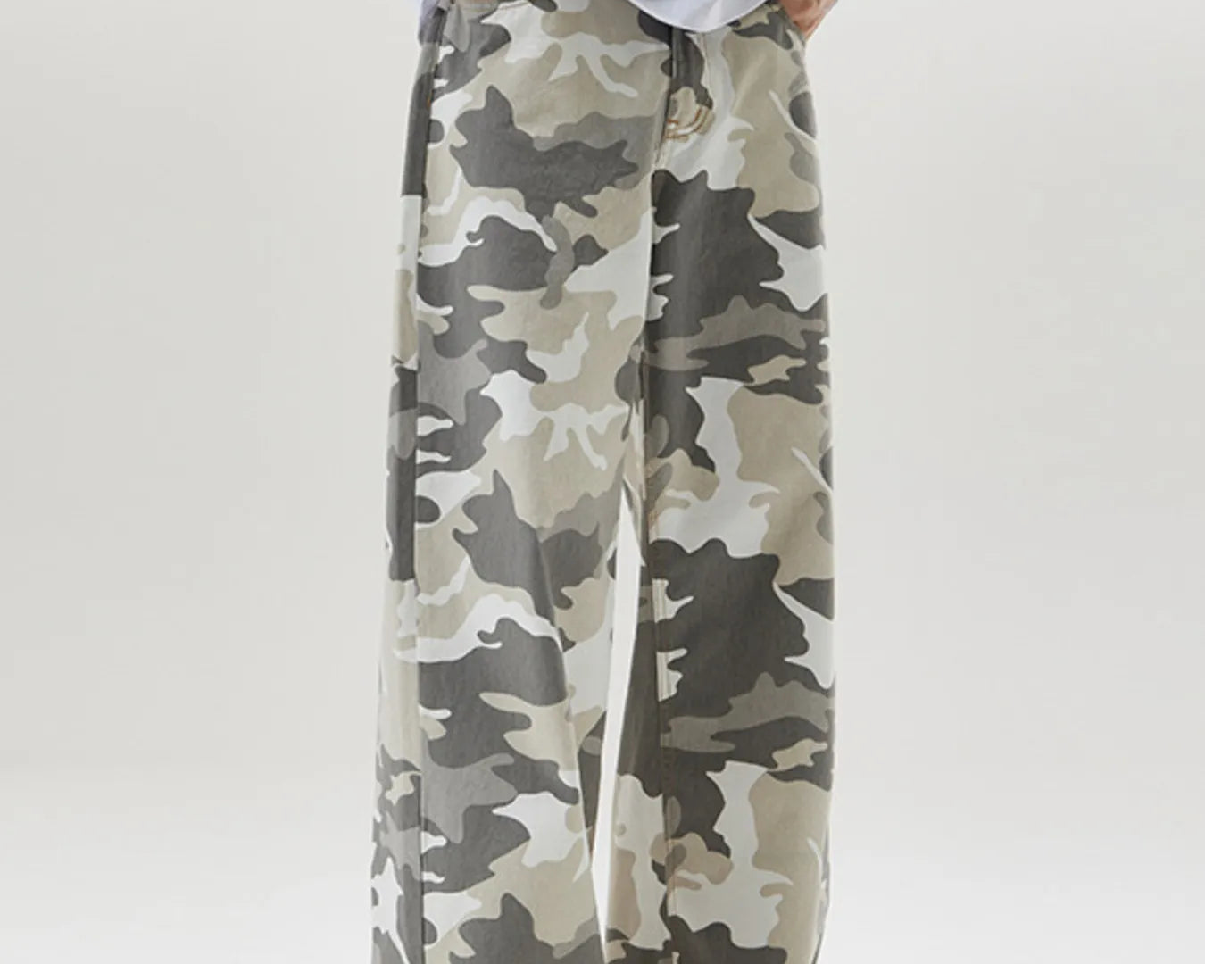 NEWYORKLISTED ATLAS MEN's COLLECTION: Person wearing camouflage pants and brown shoes on a white background