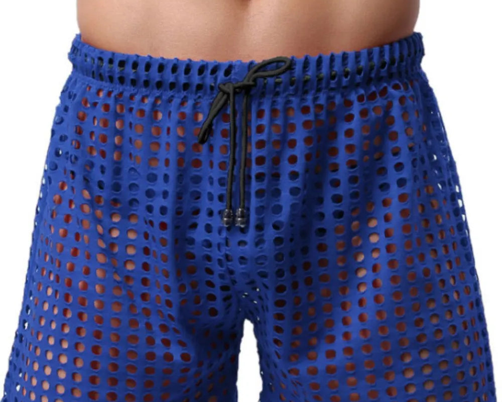 NEWYORKLISTED ATLAS MEN'S COLLECTION: Blue mesh shorts worn by a person on a white background