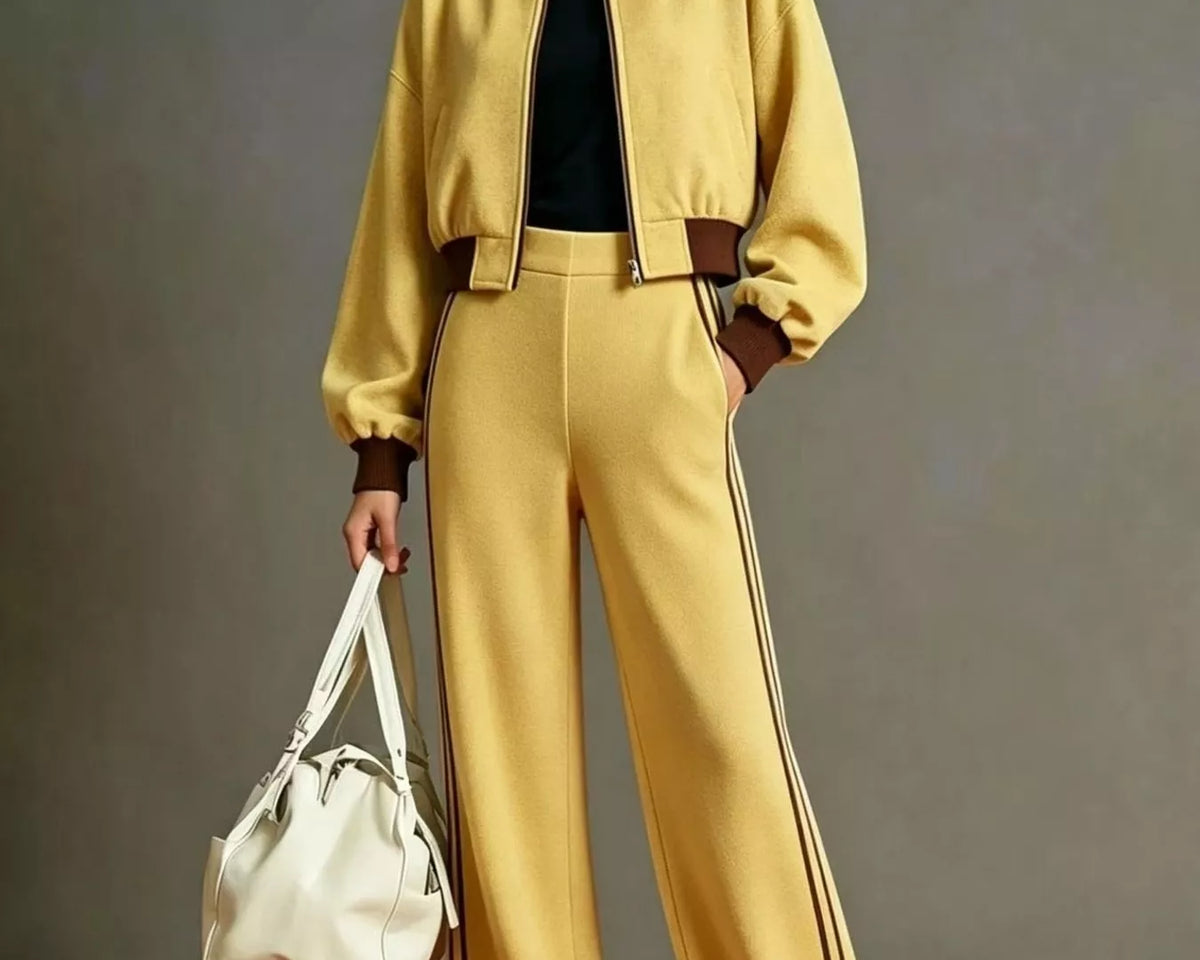 NEWYORKLISTED STYLE COLLECTION: A model stands against a gray studio backdrop wearing a matching yellow two-piece tracksuit with brown trim, a black top underneath, and holding a cream-colored handbag.