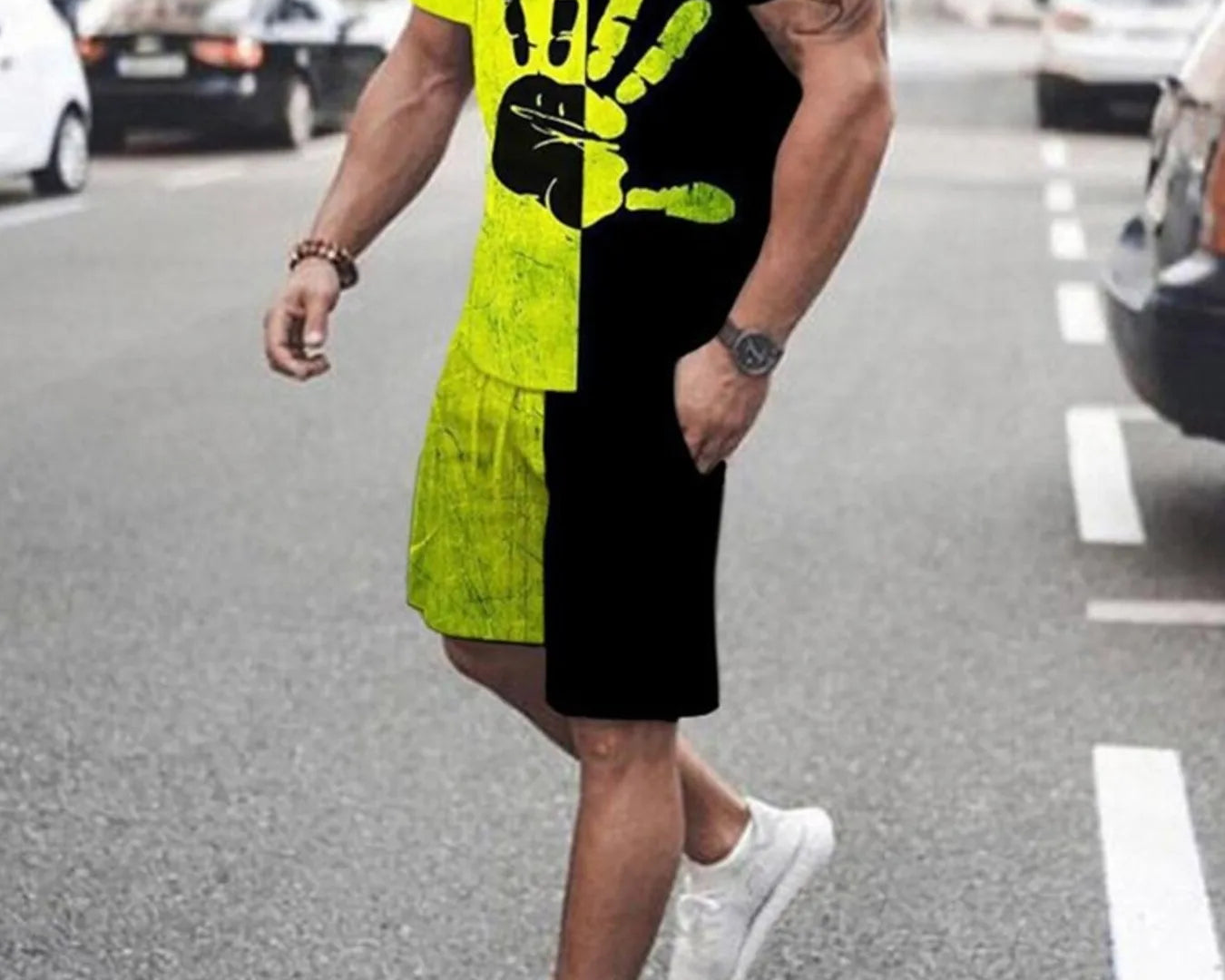 NEWYORKLISTED ATLAS MEN's COLLECTION: Person wearing a black, yellow, and green outfit with a unique design on a street.