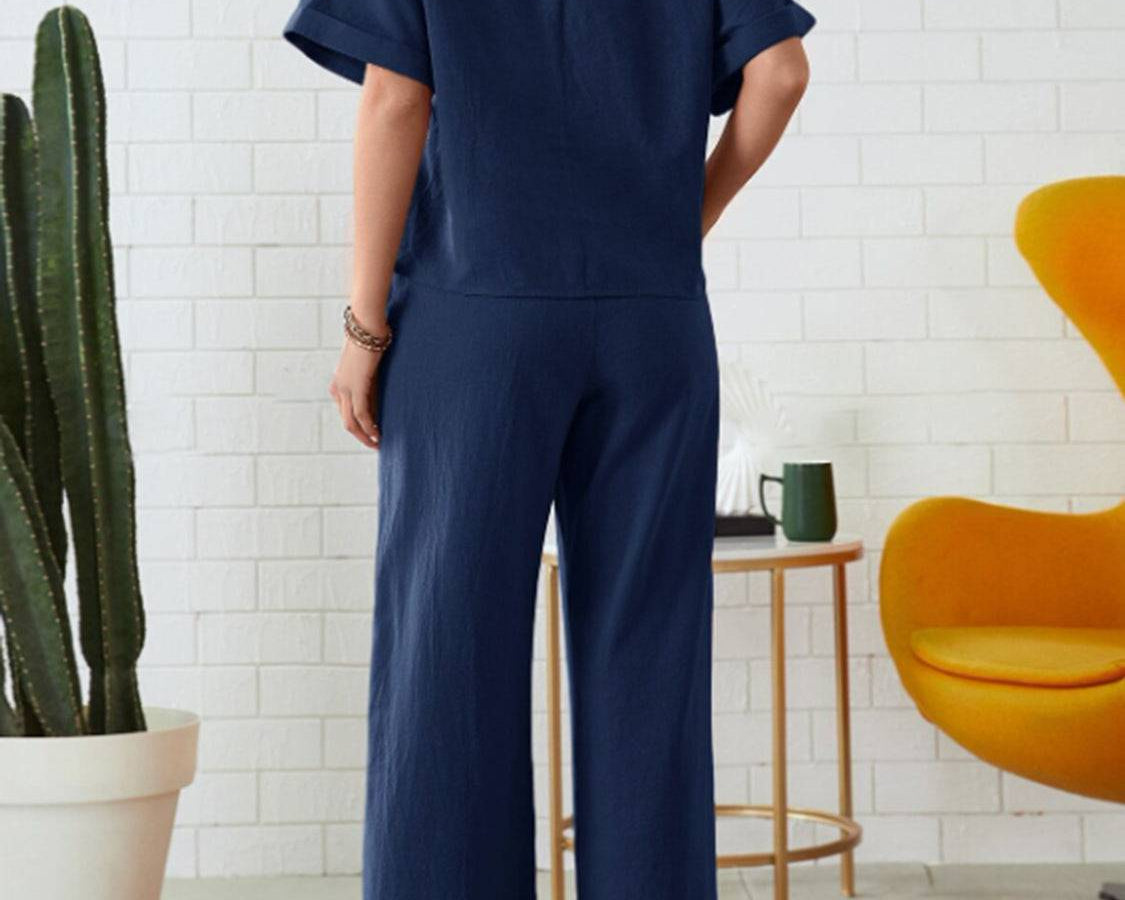 NYLD: Round Neck Half Sleeve Top and Pocketed Pants Set - NEWYORKLISTED