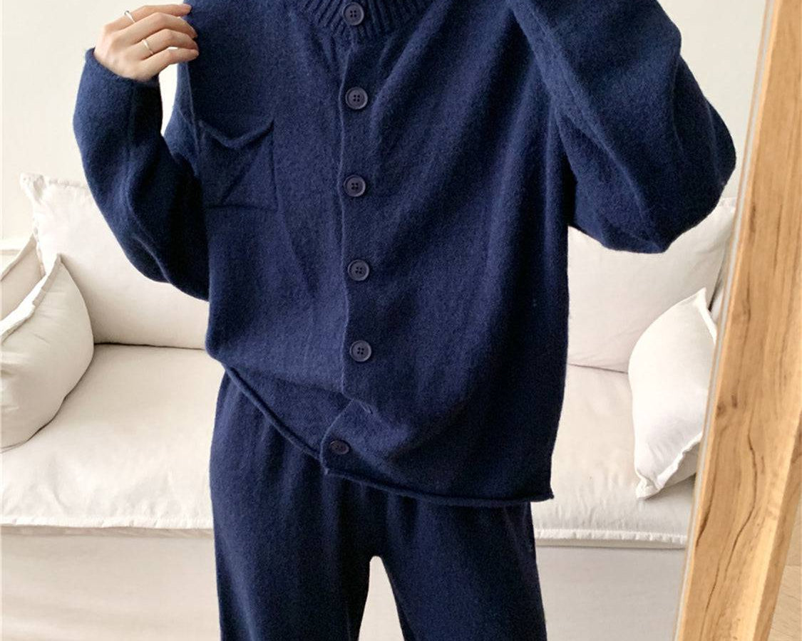 NEWYORKLISTED STYLE COLLECTION: Pocketed Round Neck Button Up Cardigan and Pants Sweater Set - NEWYORKLISTED