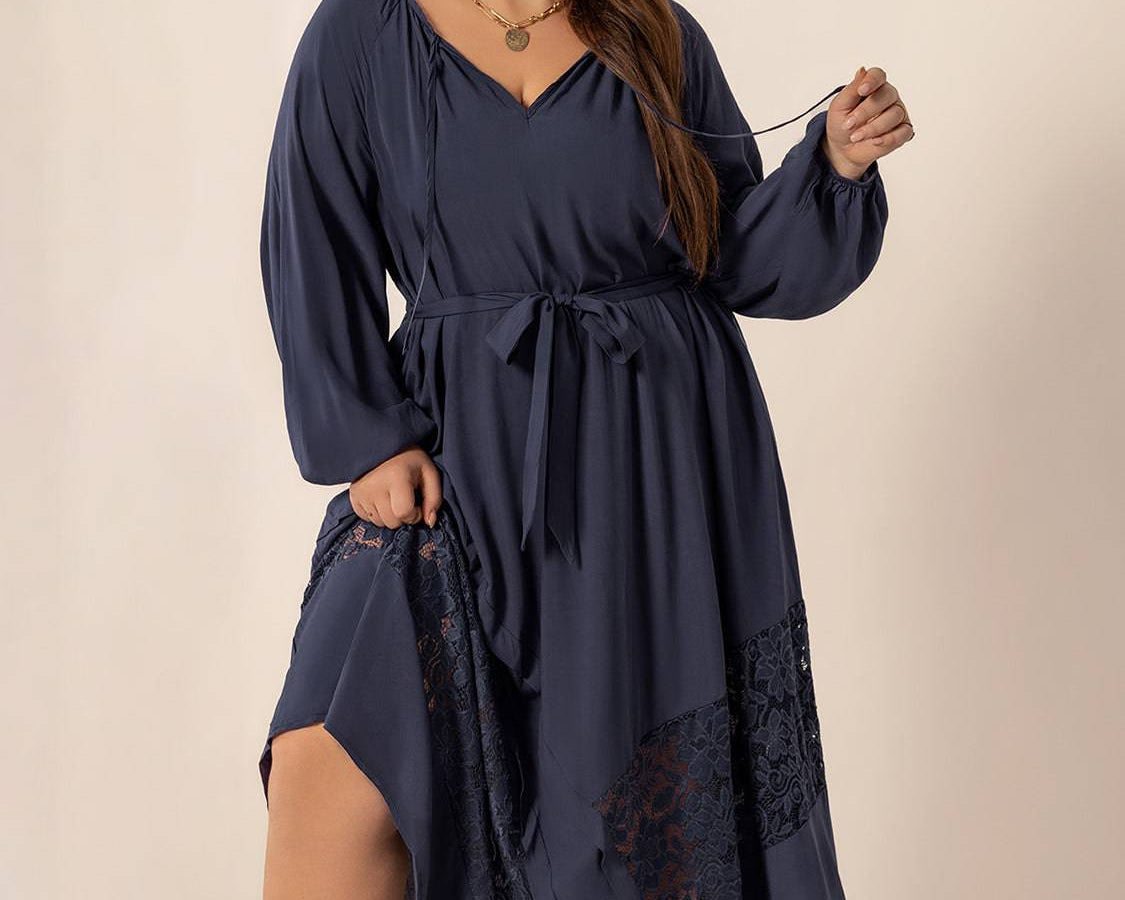 Plus Size Lace Detail Tie Neck Long Sleeve Midi Dress - NEWYORKLISTED