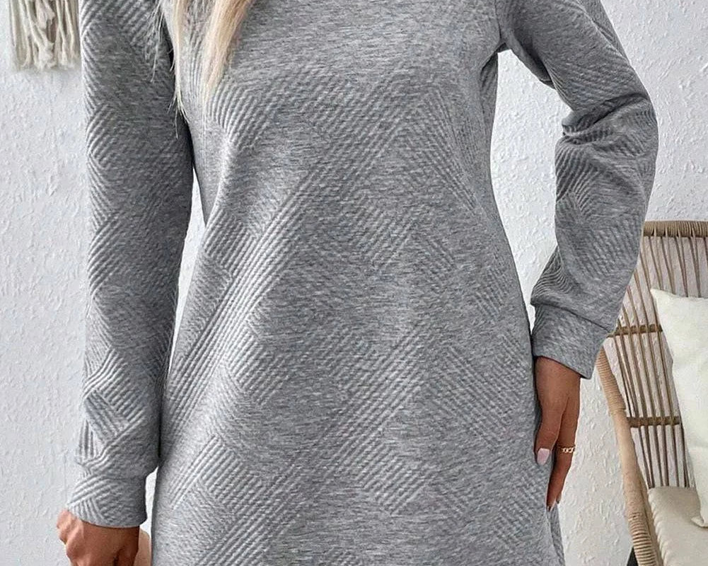 Textured Round Neck Long Sleeve Mini Dress - NEWYORKLISTED