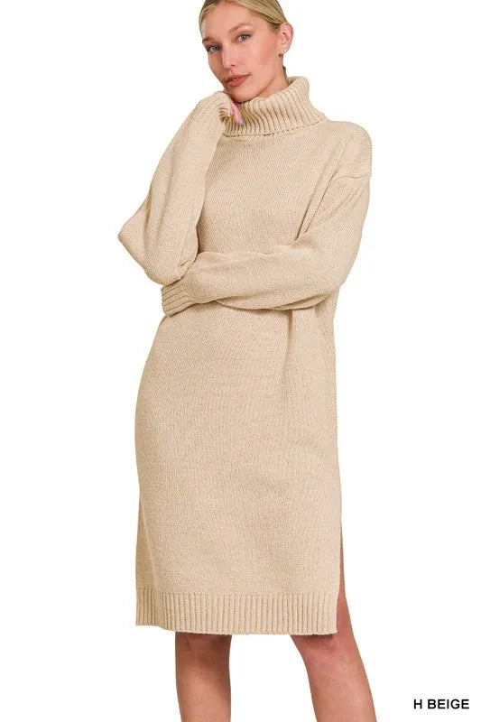 NEWYORKLISTED STYLE COLLECTION: Turtle Neck Long Sleeve Midi Sweater Dress