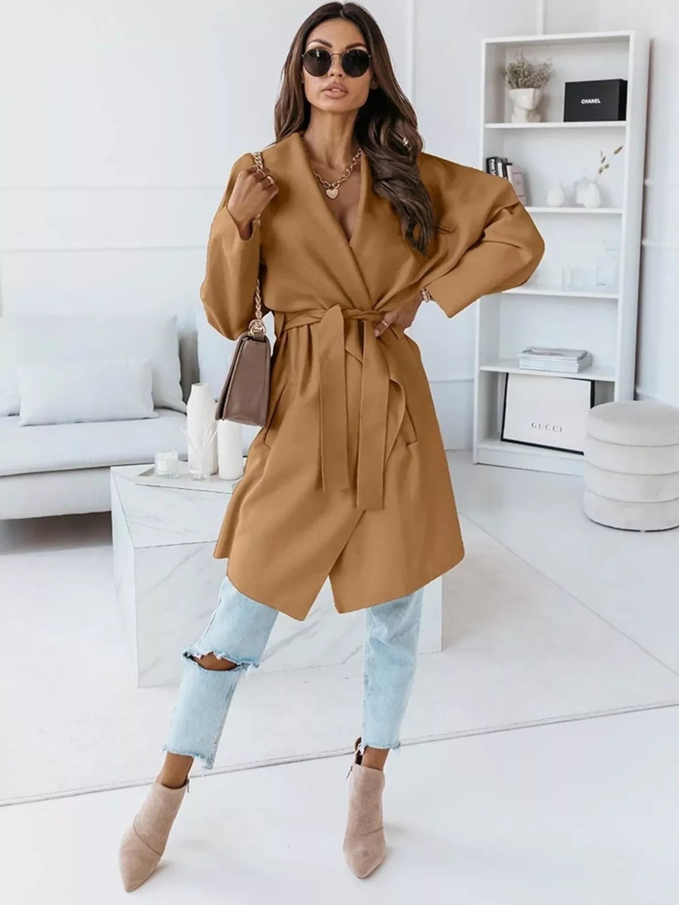 NEWYORKLISTED STYLE COLLECTION: Tie-Waist Long Sleeve Outerwear Coat — Elegant Belted Layering Jacket