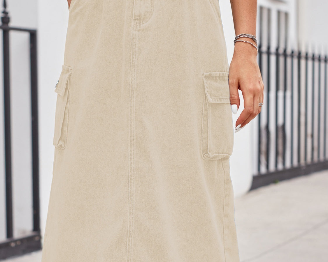 Slit Buttoned Denim Skirt with Pockets - NEWYORKLISTED