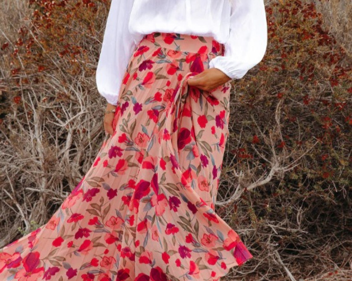 Printed Elastic Waist Pleated Maxi Skirt - NEWYORKLISTED