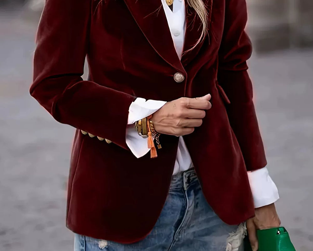 NEWYORKLISTED STYLE COLLECTION: One Button Burgandy Ladies Blazer