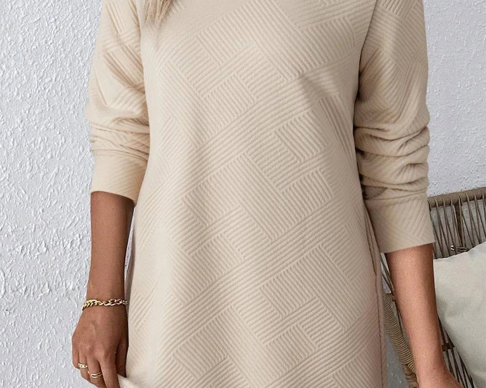 Textured Round Neck Long Sleeve Mini Dress - NEWYORKLISTED