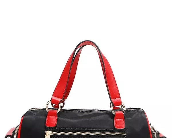NEWYORKLISTED STYLE COLLECTION: Black handbag with red handles and Italian landmarks design on a white background