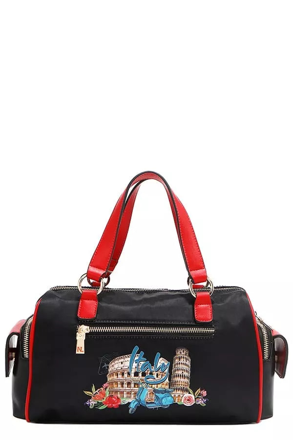 NEWYORKLISTED STYLE COLLECTION: Black handbag with red handles and Italian landmarks design on a white background