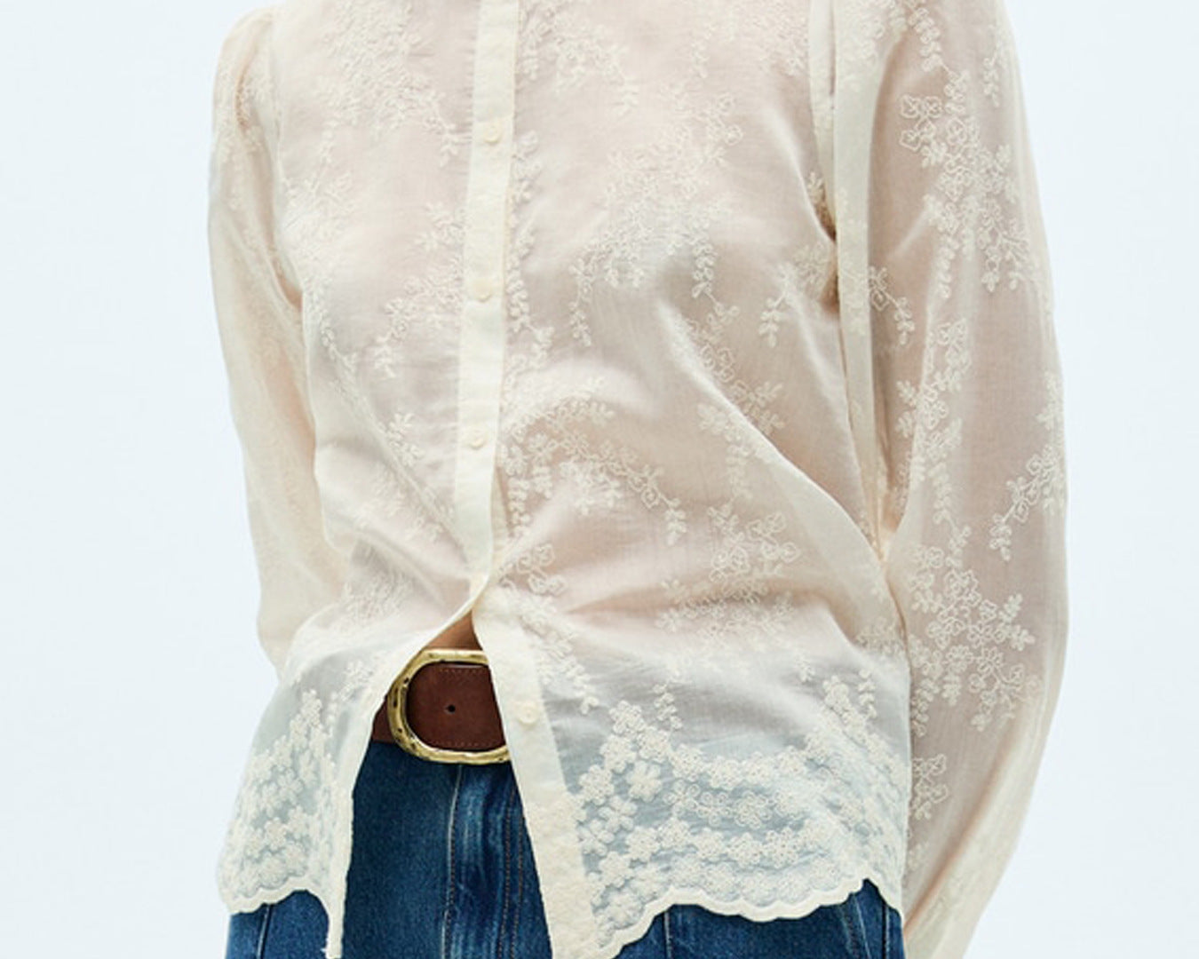 NEWYORKLISTED STYLE COLLECTION: White lace blouse over a blue denim shirt on a white background