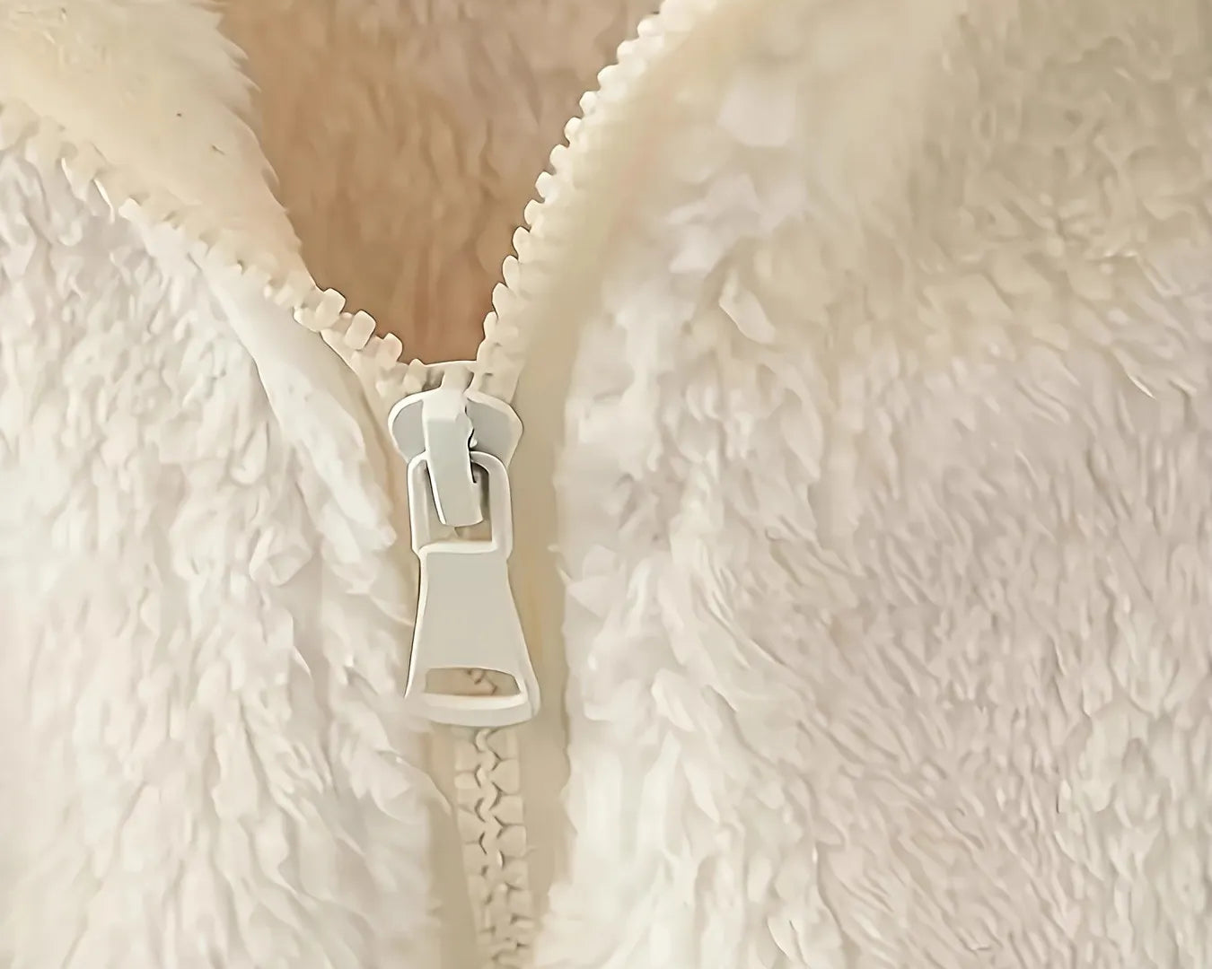 NEWYORKLSITED STYLE COLLECTION: Close-up of a white zipper on a fluffy beige fabric background