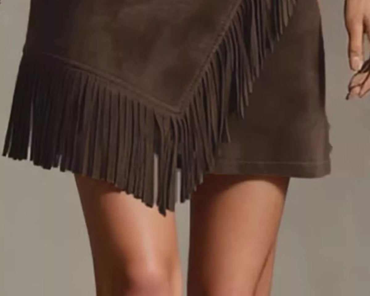 NEWYORKLISTED STYLE COLLECTION: A close-up of a model wearing a brown suede fringe mini skirt and matching brown cowboy boots against a neutral gray background.