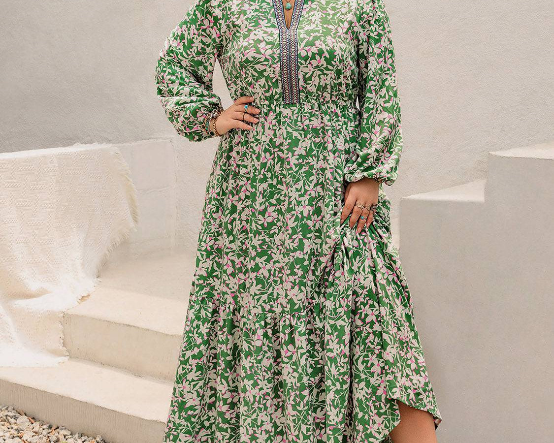 Plus Size Printed Notched Long Sleeve Maxi Dress - NEWYORKLISTED