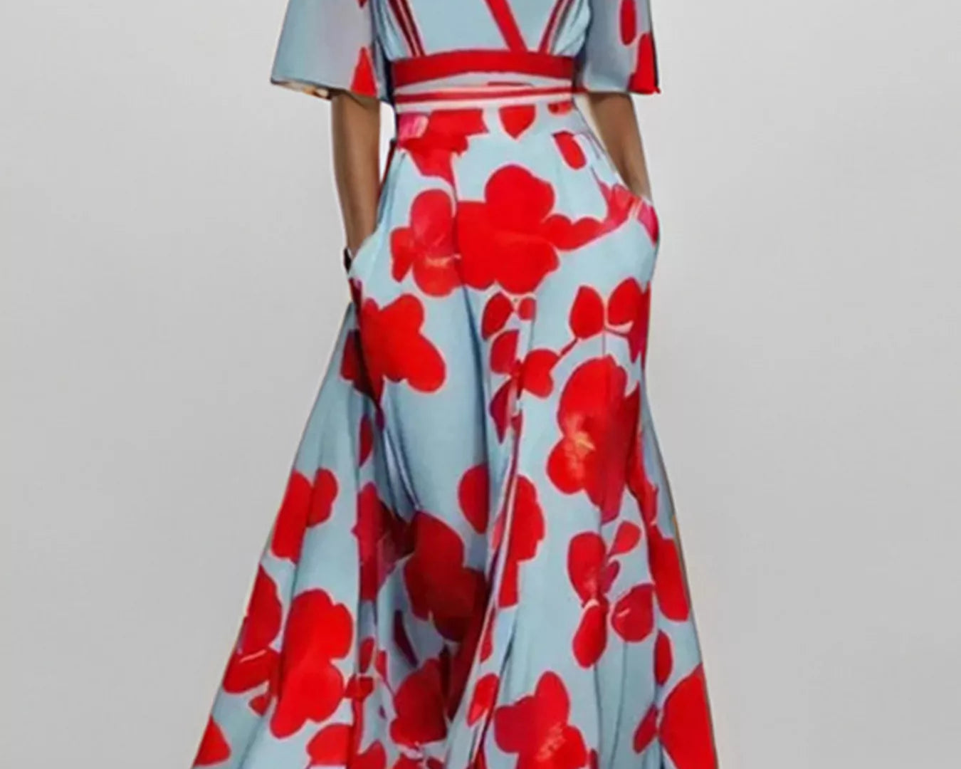 NEWYORKLISTED STYLE COLLECTION: Woman wearing a red and blue floral dress on a white background