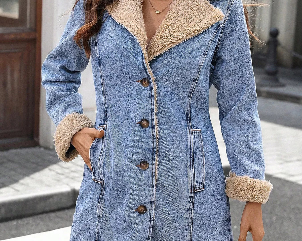 NEWYORKLISTED STYLE COLLECTION: A woman wearing a light blue denim jacket with a beige sherpa fleece lining, standing on a city street crosswalk.