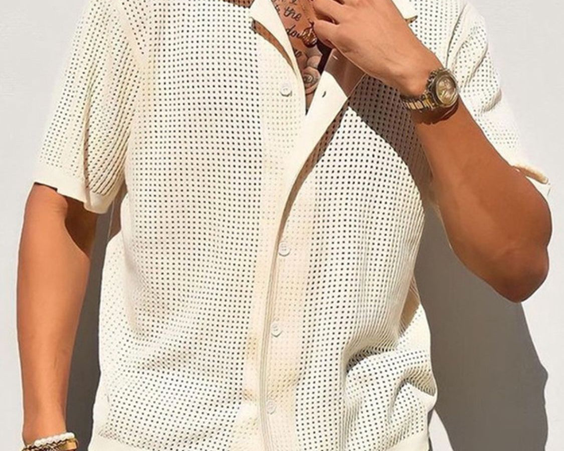 NEWYORKLISTED ATLAS MEN’S COLLECTION: Men’s Full Size Openwork Button Down Collared Neck Shirt – Breezy Sophistication for Every Size - in Beige