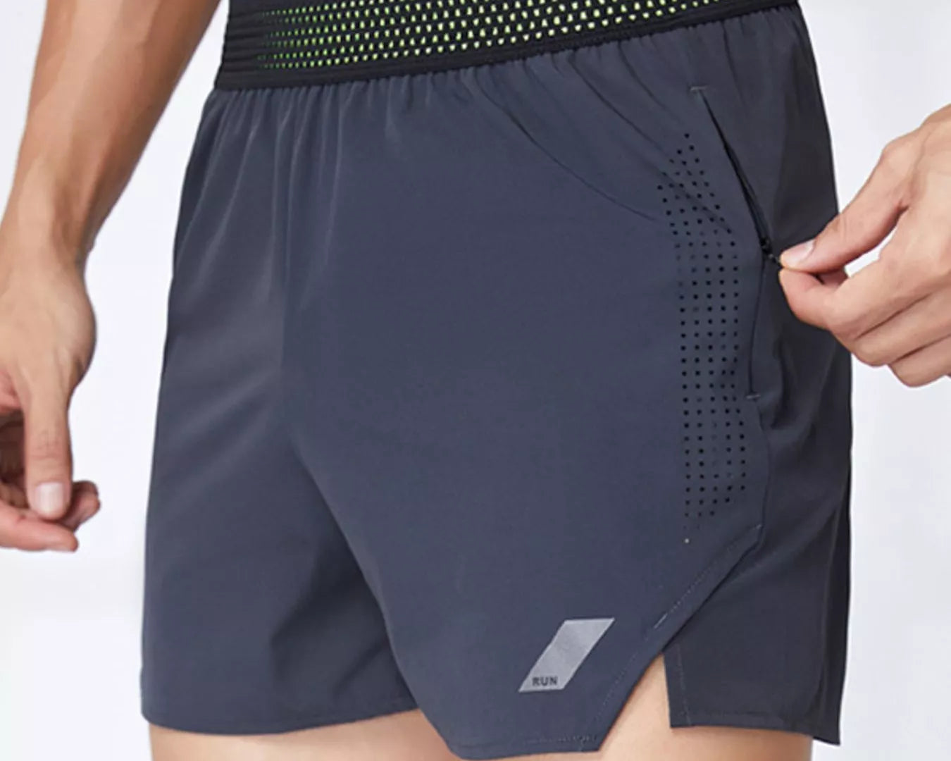 NEWYORKLISTED ATLAS MEN's COLLECTION: Navy athletic shorts with a black waistband on a white background