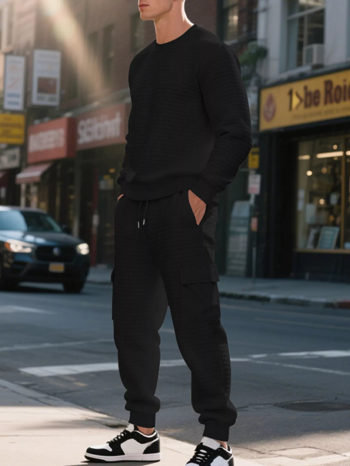 NEWYORKLISTED ATLAS MEN'S COLLECTION: A man wearing a black textured crewneck sweater and matching black cargo jogger pants stands on a city street at sunset, with his hands in his pockets.