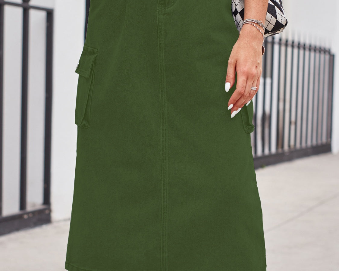 Slit Buttoned Denim Skirt with Pockets - NEWYORKLISTED