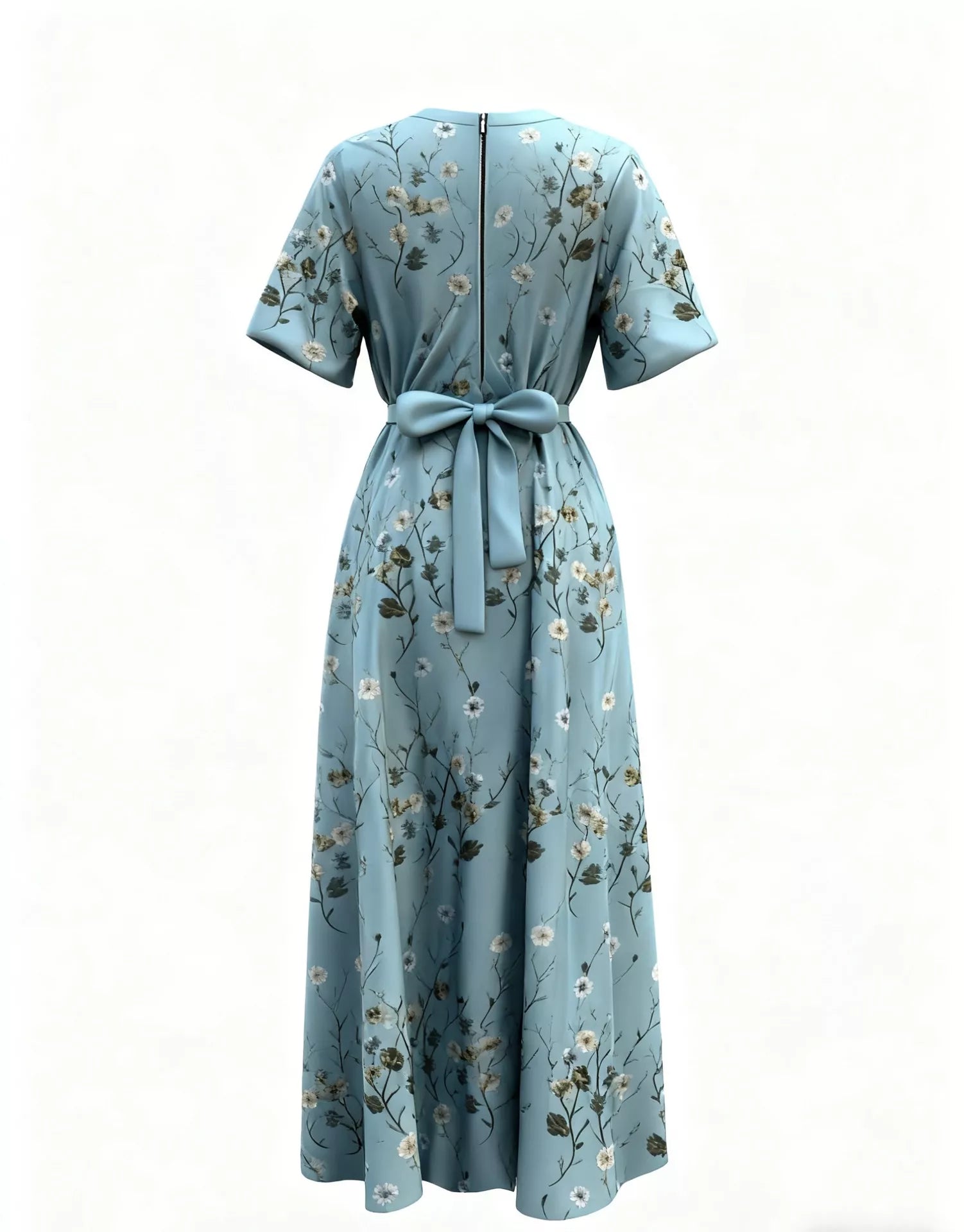 NEWYORKLISTED STYLE COLLECTION: Light blue dress with floral pattern on a white background