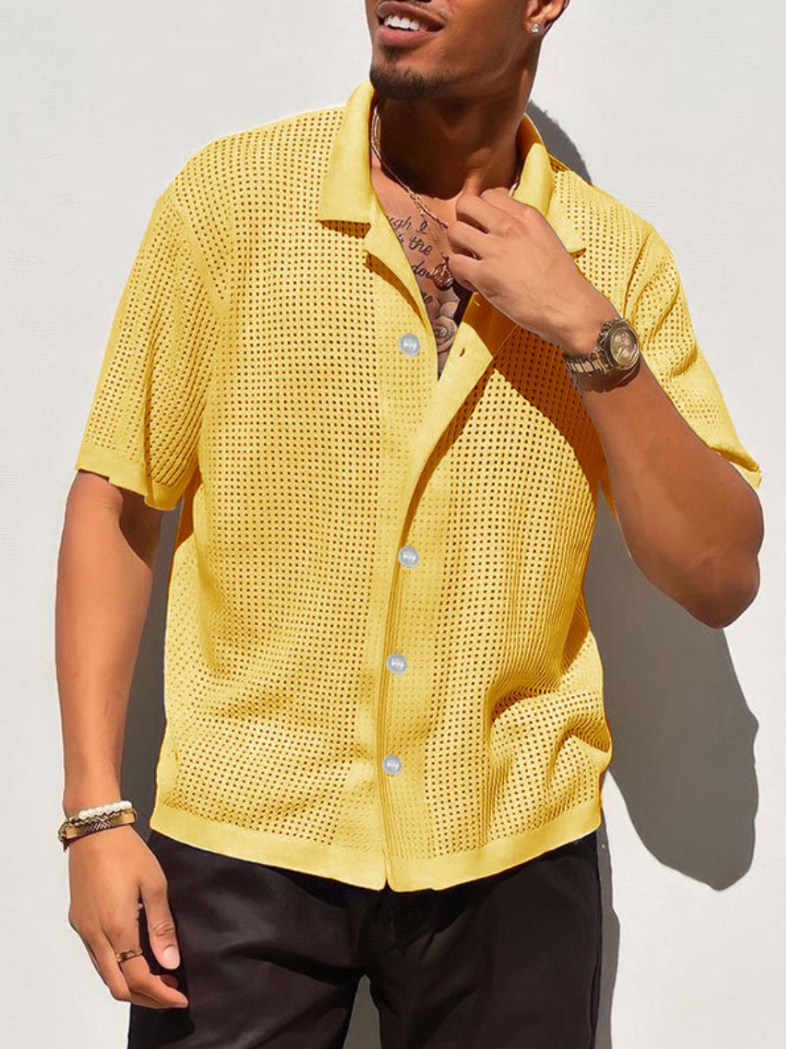 NEWYORKLISTED ATLAS MEN’S COLLECTION: Men’s Full Size Openwork Button Down Collared Neck Shirt – Breezy Sophistication for Every Size in Yellow
